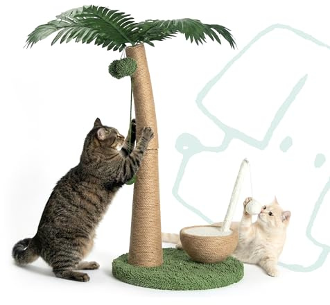 POMESEA Cat Scratching Post 33 Inch Palm Tree with Hanging Balls and Coconut Straw Toy, Cat Scratcher for Indoor Kittens, Extra Stable Base, Paw-Friendly Jute Material M