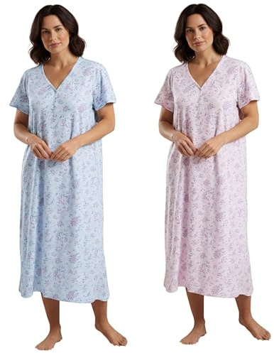 INSIGNIA Womens Pack of 2 Short Sleeve Long Cotton Blend Cool Jersey Nightshirts Nighties (Bouquet Pink & Blue, 20-22)