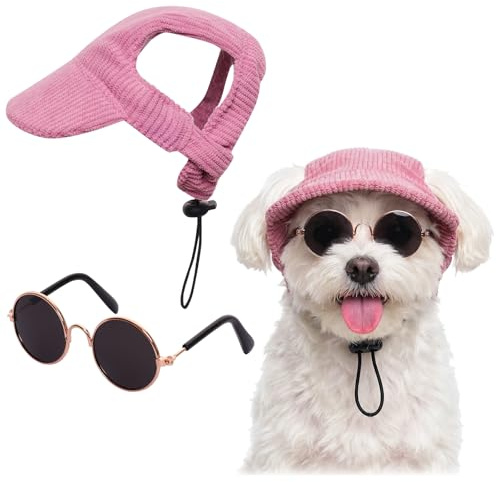 Dqwtb Dog Sun Hat with Sunglasses for Small Dogs Cats, Pink Corduroy Visor Cap with Ear Holes, Gold Frame Round Pet Sunglasses Summer Outdoor Accessories for Toy Poodle, Bichon, Maltese