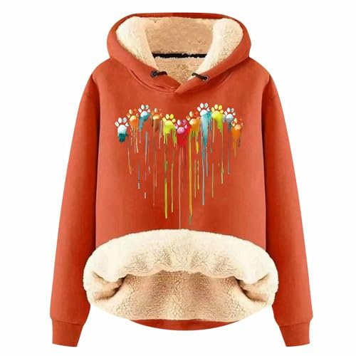 Cómoda y cálida sudadera con capucha para mujer en otoño/invierno con estampado arcoíris y forro polar, naranja, M