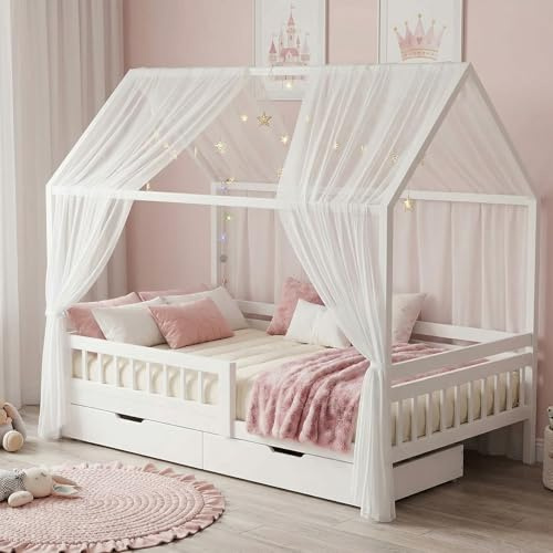 Joyseedi Juego de dosel para cama de casa, dosel para decoración de cama de casa, cortina de cama para niñas y niños en la habitación de los niños, 150 x 350 cm, color blanco