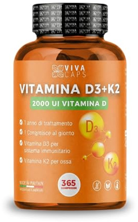 Vitamina d3 k2 mk7 vegana alto dosaggio 365 Micro compresse, Vitamina d3 2000 ui e 200 mcg di Menachinone per sistema immunitario, ossa e denti - Made in Italy