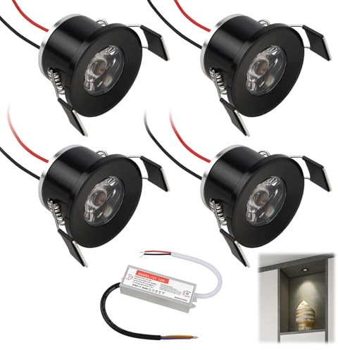 Inbyggda LED-spotlights 12 V 2 W minispotlights varmvit, takspotlights IP65 vattentät Ø 25–28 mm, LED infällda lampor för badrum trappor och sovrum med 230 V transformator – set om 4 (svart, varmvit