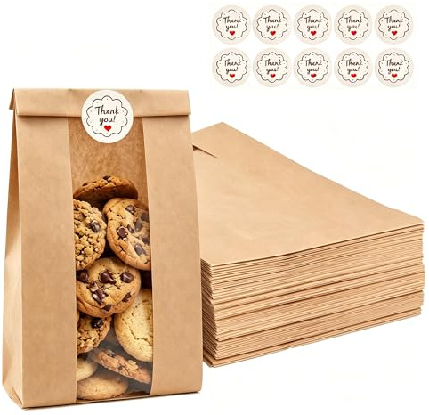 TLDBATICE 50 st. papperspåsar förpackningspåsar med fönster, kraftpapperspåsar med visningsfönster, bagarpåsar brun med klistermärken, brödpåsar papper för kex godis presentförpackning