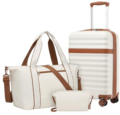 Kono Juego de Maletas con Maleta Cabina Rígida 55x40x20, Crema | ABS+PC, Ruedas TPE, Bolsa con Correa Ajustable y Hebilla, Neceser, para Mujer