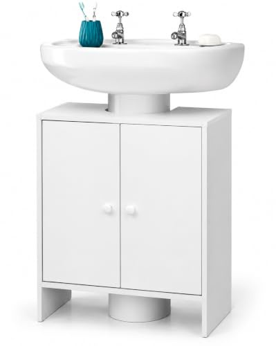 FAHD TRADERS Under Sink Bathroom Storage Cabinet White | 2 Door Vanity Unit with Adjustable Shelf | Space Saving Bathroom Cupboard Organiser for Toiletries & Cleaning Supplies (W48 x H60 x D30cm)