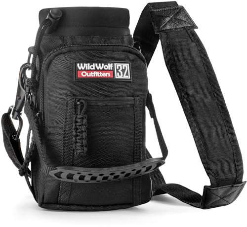 Wild Wolf Outfitters Water Bottle Carrier Holder with Adjustable Strap and 2 Pockets for Hands-Free Walking and Hiking | Black, 1 L