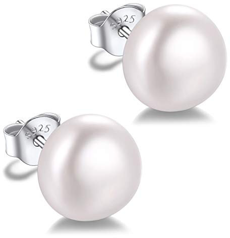 Silvora Klassische Perlen Ohrstecker 10mm Button Weiß Süßwasser Zuchtperlen für Damen S925 Silber Perlenohrstecker mit Echten Perlen