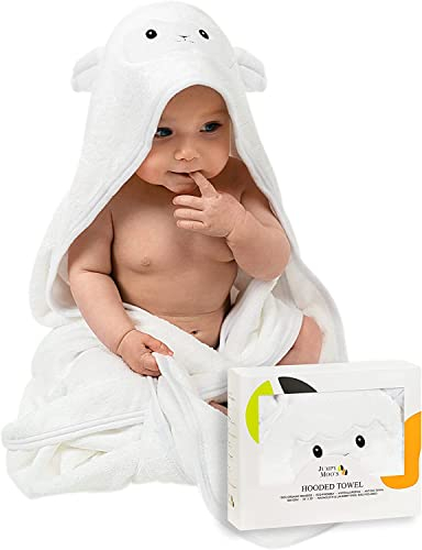 JM Toalla Bebe con Capucha - 100% Bambú Orgánico, Ultra Suave y Hipoalergénico, 35x35 Pulgadas, Grueso y Absorbente 500gsm, Regalo Bebe Recien Nacido Niño, Con Caja de Regalo y Toallita – Oveja