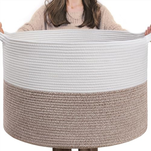 INDRESSME XXXLarge Blanket Basket for Living Room 21.7 x 21.7 x 13.8-Storage Basket with Handle for Organizing Toy Pillows Woven Cotton Rope Laundry Basket Stuffed Animal Toy Storage for Play Room