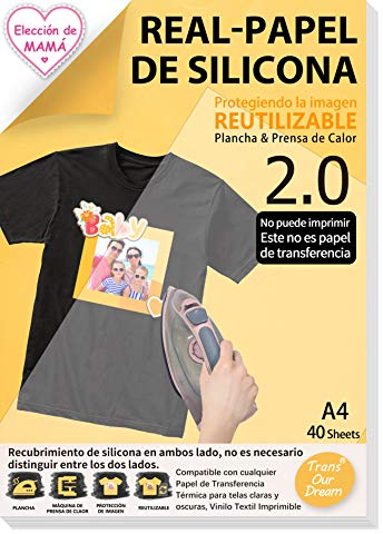 TransOurDream-Papel protector para planchar ropa ,Papel de Silicona para Planchar de Transferencia de Tejidos, (A4x40 hojas) Reutilizable y recubre silicona en ambos lados, ES-8-40