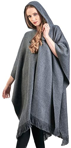 INTI ALPACA Alpaca Hooded Poncho for Women- Wool Cape with Hood - Winter Long Poncho - Comfortable House Coat-Solid Color (Dark Gray)