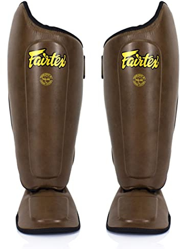 Fairtex SP8 Muay Thai Shin Guards for Men, Women, Kids | Shin Guards Made with Syntek Leather & are Premium, Lightweight & Durable | Expanded Side Protection (Brown/Medium)