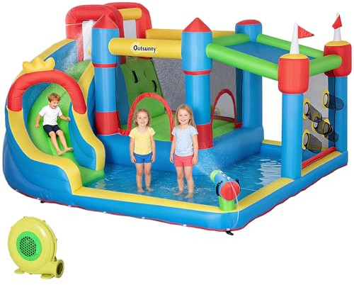 Outsunny 6-in-1 Inflatable Water Slide with Splash Pool, Slide, Climbing Wall, Water Cannon, Inflatable Bounce House for Kids with 2 Min. Inflation and Air Blower