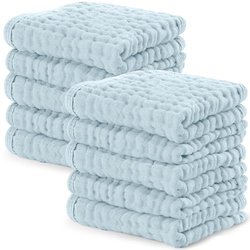 Bekväma ungar muslin baby tvättlappar 10-pack – mjuka 6-lagers bomullstvättdukar för känslig hud – 25 cm x 25 cm stora, skonsama, absorberande nödvändigheter för nyfödda och småbarn – himmelsblå