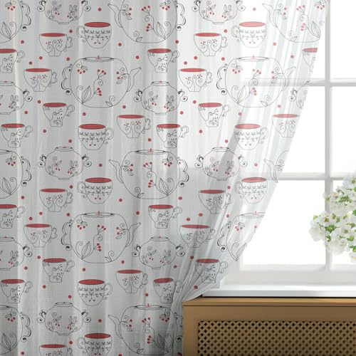 Ambesonne Tea Party Tulle Curtains with Rod Pocket, Doodle Style Crockery Illustration of Floral Patterned Kettles and Cups, Sheer Drape for Wedding Party 2 Panels, 108 x 54, Red Black White