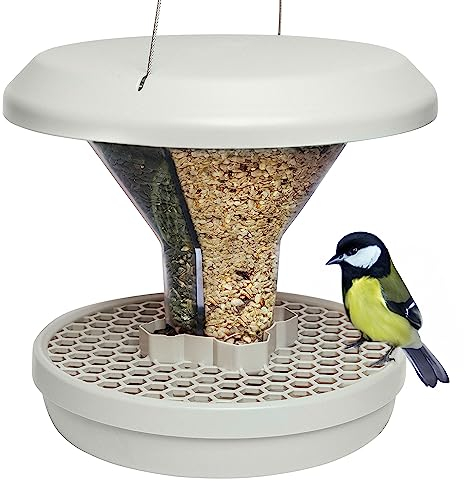 SWISSINNO Vogelfutterhaus zum Aufhängen – Davos SMART Birds - Vogelfutterspender mit Auffangschale - Futterstation für Vögel - Futtersilo Rattensicher - Vogelhaus für Garten & Balkon - Hellgrau