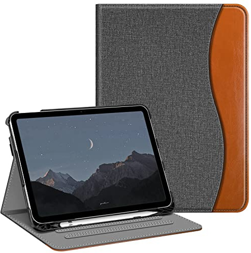 FINTIE Coque pour iPad (A16) 11ème Génération 11 Pouces 2025, iPad 10ème Génération 10.9 Pouces 2022 - [Rangement de Stylet] Housse Multipositions Etui avec Poche de Document, Gris/Marron