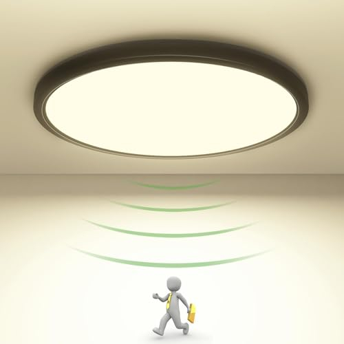 zemty Plafon con Sensor de Movimiento, 19W 1800LM Plafon LED Techo Tiempo Regulable, 4000K Negro Ultrafinos Redondo Lamparas Techo Para Dormitorio, Cocina, Baño, Pasillo