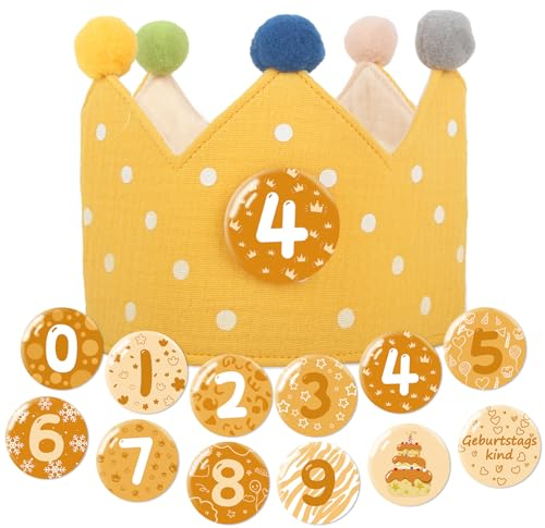 Heartsking Geburtstagskrone Junge & Mädchen, Musselin Krone Geburtstag Zweifarbig, Kinder Geburtstagskrone mit Zahlen von 0-9, Partyhüte Party Deko, für den Kindergeburtstag (Gelb)