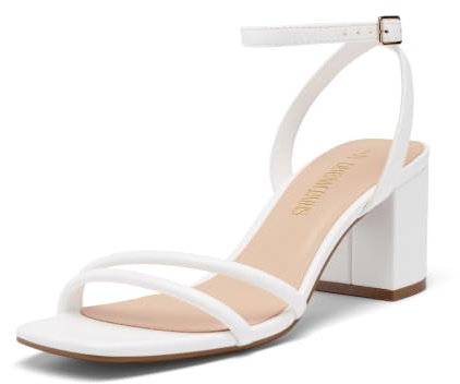 DREAM PAIRS Sandali da donna con tacco a blocco, quadrati, punta aperta, cinturino alla caviglia, comodi, per feste di nozze, eleganti e con tacco basso, Poliuretano bianco., 40 EU