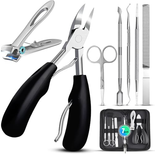 Heavy Duty Stainless Steel Toenail Clippers Set - 7PC Set for Thick & Ingrown Nails, Professional Pedicure Toenail Scissors & More