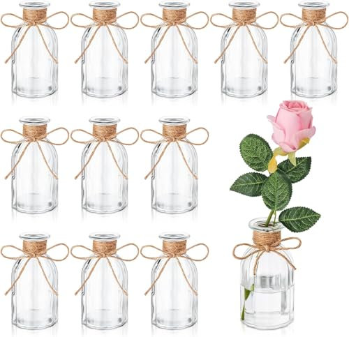 Glass Bud Vases Set of 12, Glass Bulk Rustic Vases for Wedding Decorations, Mini Flowers Vase for Centerpieces, Vintage Flower Vase with Hemp Rope Bows for Coffee Table Party Home Decor