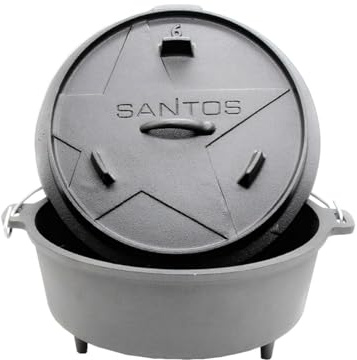 SANTOS Dutch Oven 11L/12Qt Gusseisen – Feuertopf, Bräter & Schmortopf – Safe Stand V-Fuß - Feuertopf mit Füßen – Gasgrill, Kohlegrill, Feuerstelle, Camping & Backofen