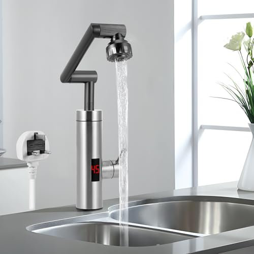 Electric Hot Water Tap Flexible Nozzle, 220V 3000W Instant Hot Water Tap with LED Digital Display, Hot and Cold Water Electric Tap for Kitchen Bathroom Washroom, UK Plug