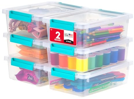 IRIS USA 2 Qt. Craft Storage Bins with Lids, 6-Pack, |Made in USA|, Clip Box, Small Plastic Sensory Bin Tote Organizer Containers for Art Supplies, Paper, & Office, Stackable - Clear/Seafoam Blue