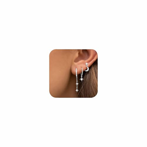 Lotus Karen Stud Hoop Earrings Set for Women - 3 Pairs Dainty Cartilage Earrings | Silver Star and Moon Small Hoops Earring Set for Pierced Ears for Christmas Birthday Mother's Day Graduation