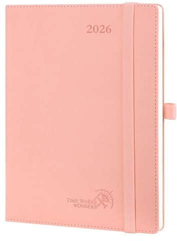 POPRUN Kalender 2026 Vertikal 22 x 16,5 cm, Mjukt Omslag, Planner 2026 med Månadsflikar, Veganläder och 100 GSM Tjockt Papper, Rosa