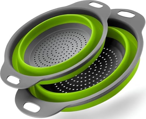HI NATURE™ Scolapasta Pieghevole Set 2 Pezzi – Colino Silicone Pieghevole Salvaspazio – 1 Grande + 1 Piccolo – BPA Free – Lavabile in Lavastoviglie – per Pasta, Verdure, Frutta, Campeggio (Verde)