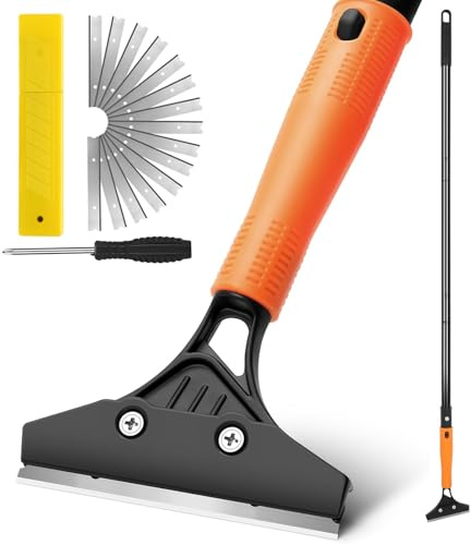 JIURAIN Razor Blade Floor Scraper with Long Handle, 4 Inch Floor Scraper Tools Heavy Duty with 10PCS Extra Metal Blades,Paint Scrapers for Cleaning Wall Glass Floor Paint Gum Stains Stickers Linoleum