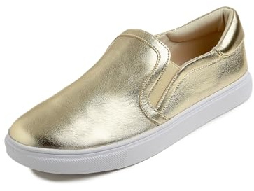 Feversole Women's Fashion Slip-on Sneaker Casual Flat Loafers,Baskets à Enfiler à la Mode pour Femmes Mocassins Plats décontractés Cuir végétal Or Taille 41