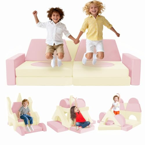 Frxeyaliz 15pcs Modular Kids Play Couch Set Children Section Sofa Kids Convertible Toddler Couch for Children Bedroom Playroom Living Room (Pink+White)