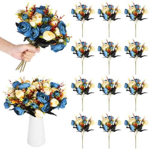 12 konstgjorda blå rosbuketter, silke kamelia te rosor, perfekta för bordsuppsatser, realistiska dekorativa blommor