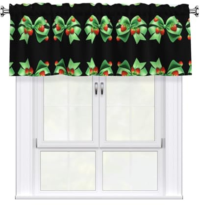 WHJSHOP Cortina de cuadros de fresa con lazo verde con poste corto, 137 x 45 cm para cocina, baño, lavandería y ventanas de estudio, con filtro de luz