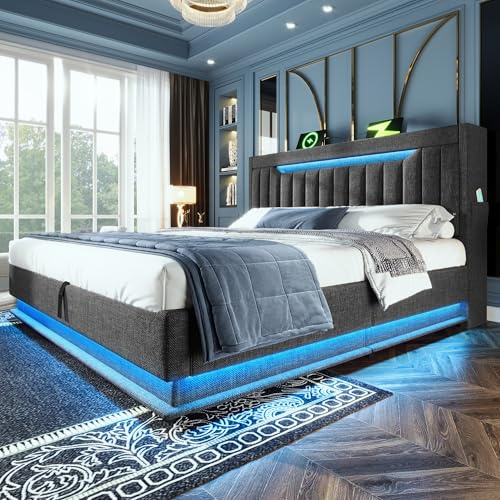 RIAZOS Upholstered Bed 150 x 200 cm with LED Lighting, USB Type-C Charging, Storage Headboard for Cellphones and Tablets, 5ft Hydraulic Storage Bed with Metal Slatted Frame, Gray (No Mattress)