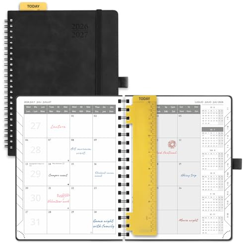 POPRUN Agenda Månadskalender 2026 2027, Juli'26 - Dec'27, 18 Månader 22 x 16,5 cm, 2 Sidor per Månad, Skolkalender, Mjuk Spiralbindning, Linjal, Papper 100 gsm,Svart