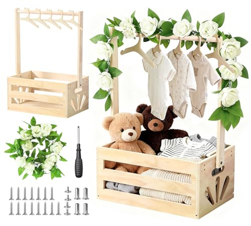 Cadeau Baby Shower avec Panier en Bois | Panier de Rangement Pratique pour Bébé avec 6 Cintres en Bois et Guirlande Florale Artificielle | Ensemble Cadeau pour Baby Shower et Fête de Naissance