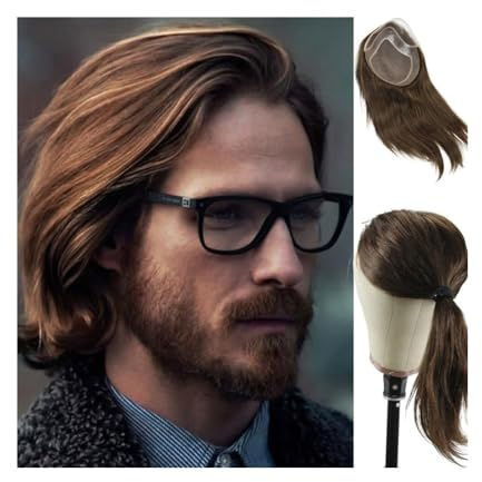Uso Masculino Tupé for Hombre con Encaje Frontal francés, Base de Poliuretano y monofilamento Fino, Sistema reemplazo Cabello Humano 30 cm Largo Cabeza de Peluca