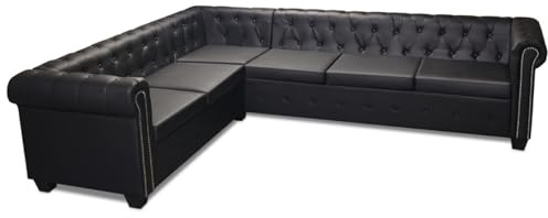 Tidyard Divano angolare Chesterfield a 6 posti in pelle artificiale, nera, per soggiorno