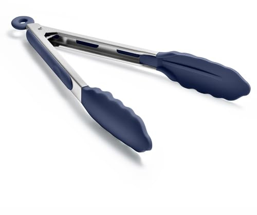 Doosu Grillzange Küchenzange Edelstahl Silikonspitzen, 315℃ Hitzebeständige Silikon Kochzange mit glatter Verriegelung, Rostfreier Griff für Heißluftfritteuse, Grill, Nudeln und Salat (23cm，Blau)