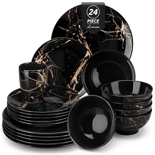 LOVECASA 24 Pieces Plates and Bowls Set, Dishwasher Safe, Black and Gold | Dinner Set, Porcelain Crockery Sets for 6 People, Serving for Salad/Soup/Noodles/Steak, Elegant Gift for Any Occasion