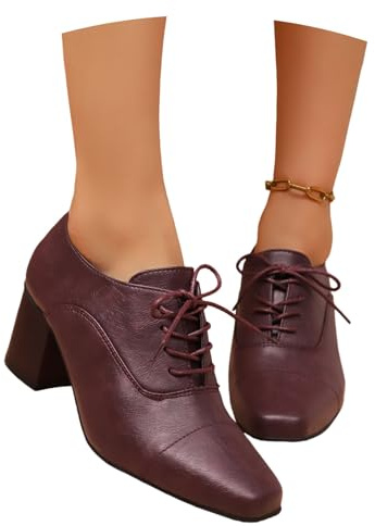 MEECHI Botas con Cordones De Estilo Británico Zapatos De Salón for Mujer De Primavera 2026 Botines De Cuero PU con Punta Cuadrada Botines con Tacón Bloque Zapatos De Tobillo for Oficina(Red,38 EU)