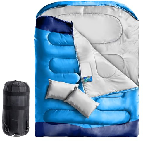 Maraiss Double Sleeping Bag Adult King Size, 4 Season Camping Sleeping Bag with Pillow & Internal Pocket Perfect for Outdoor Hiking and Indoor Use Blue