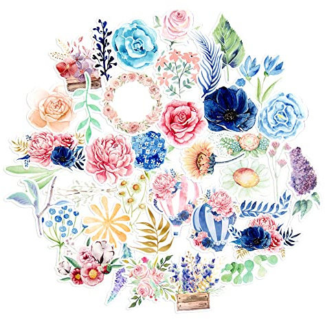 Navy Peony jeu d'autocollants de fleurs de printemps en aquarelle (37 pièces)- Artistiques, étanches, sur le thème de la nature | Autocollants pour l'artisanat, journal, scrapbook
