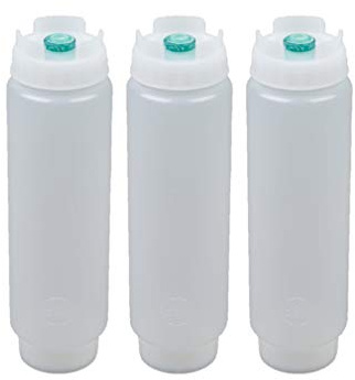 FIFO Squeeze Bottle Refillable 16 oz | Green Tip Small Valve Dispenser for Thin Condiments, Sauces, Batter and Dressing | Self Sealing No Drip No Hassle | (3 Pack)