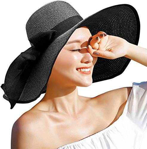 DRESHOW Donna Cappello da Sole Protezione UV Paglia da Cappello Della Cappello da Spiaggia Estate Cappello di Paglia Cappuccio UPF 50+